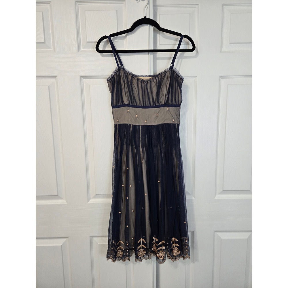 Odille Anthropologie Navy Blue Tulle Embroidered Floral Mesh Dress Size 6